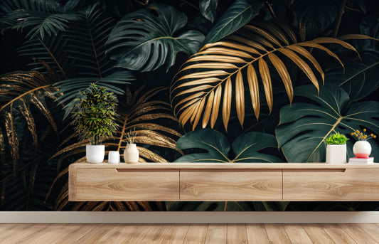 Luxury Tropical Renter Friendly Tropical Wallpaper – room setting, Golden Era Walls
