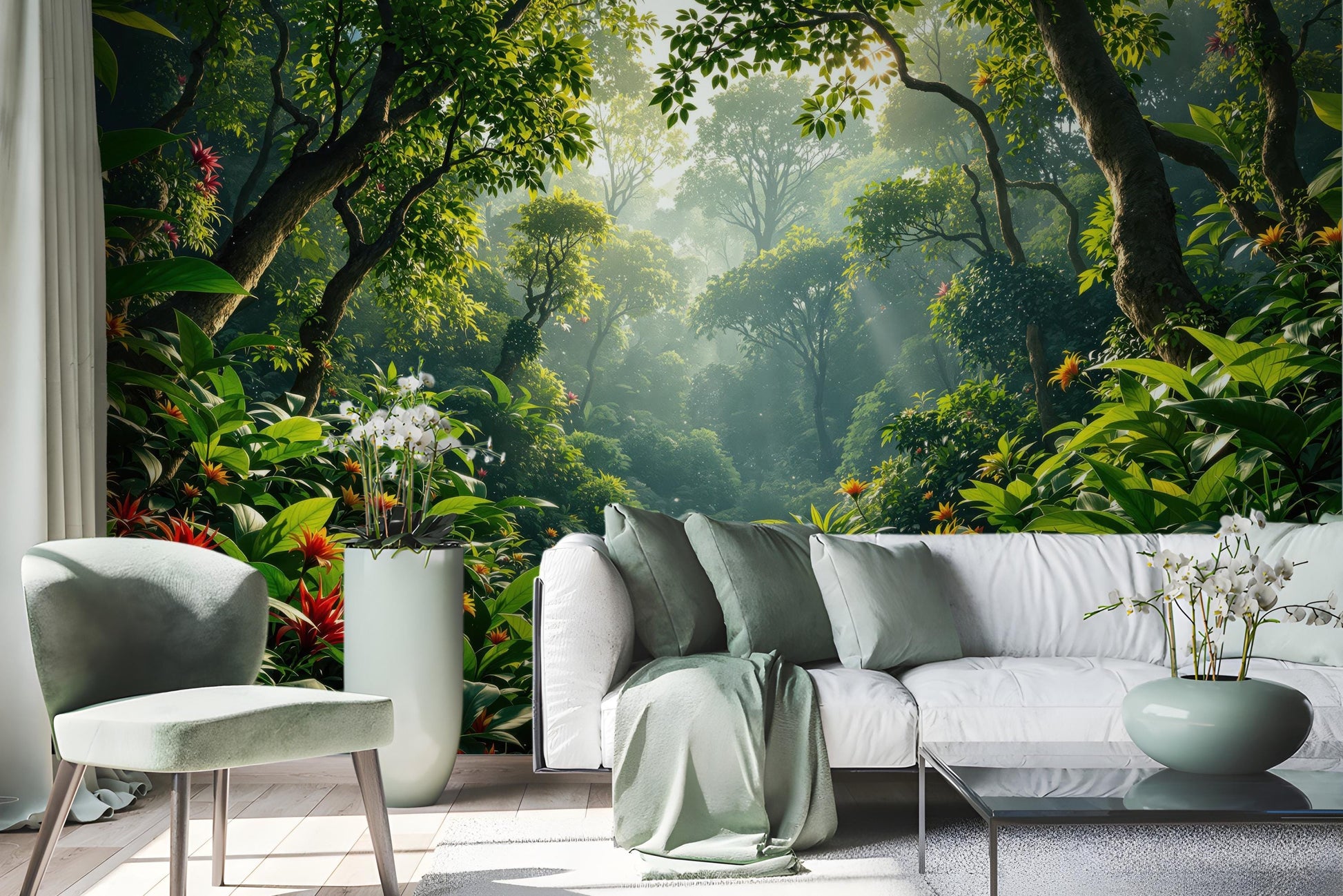 Lush Tropical Forest Renter Floral Wallpaper – lifestyle view, Golden Era Walls