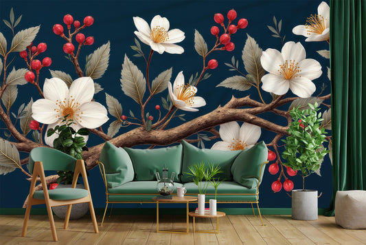 Floral Branch Non Woven Floral Wallpaper – room setting, Golden Era Walls