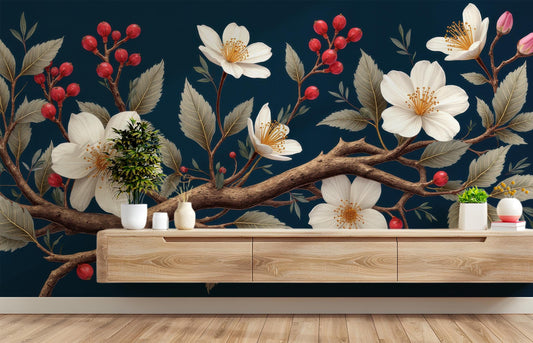 Floral Branch Non Woven Floral Wallpaper – lifestyle view, Golden Era Walls