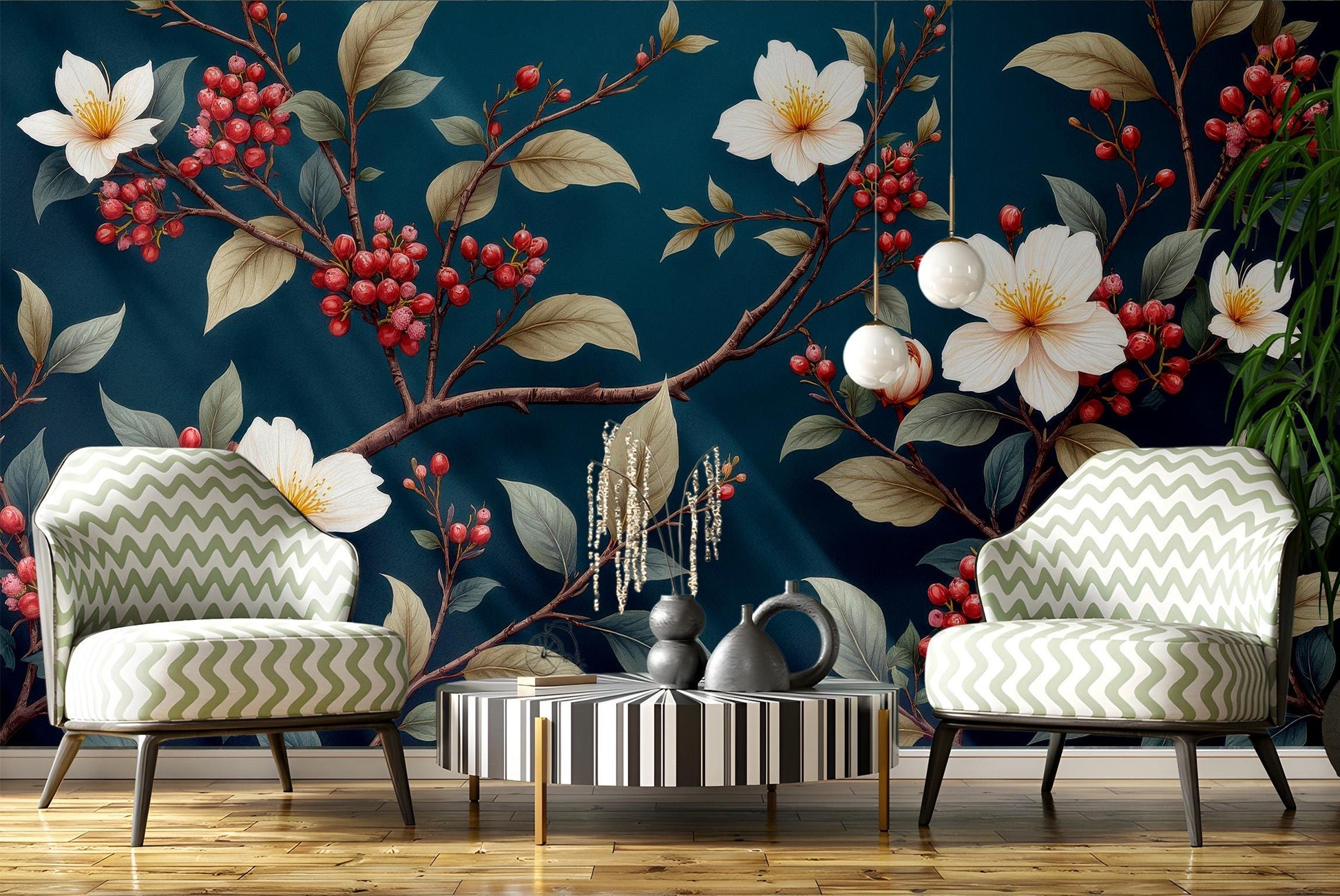 Floral Berry Branch Renter Floral Wallpaper – lifestyle view, Golden Era Walls