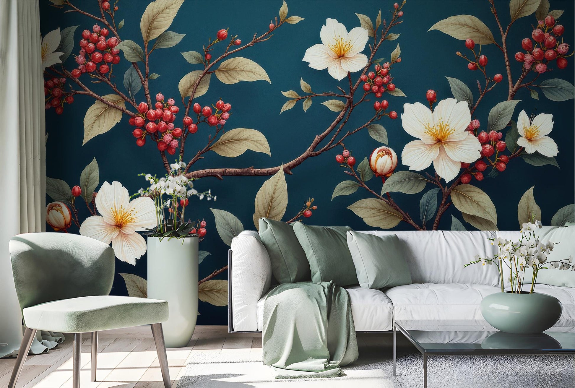 Floral Berry Branch Renter Floral Wallpaper – peel and stick wallpaper mural, Golden Era Walls