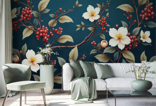 Floral Berry Branch Renter Floral Wallpaper – peel and stick wallpaper mural, Golden Era Walls