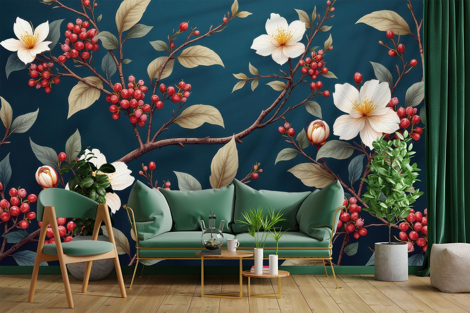 Floral Berry Branch Renter Floral Wallpaper – room setting, Golden Era Walls