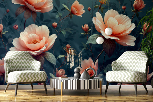Elegant Peach Floral Botanical Floral Wallpaper – room setting, Golden Era Walls