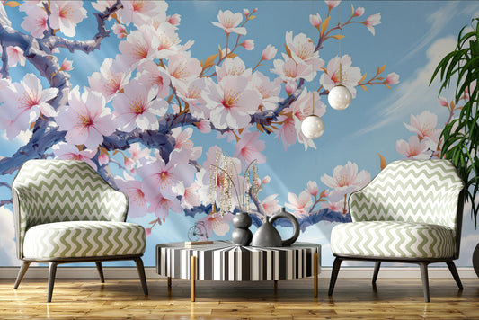 Cherry Blossom Renter Friendly Floral Wallpaper – lifestyle view, Golden Era Walls