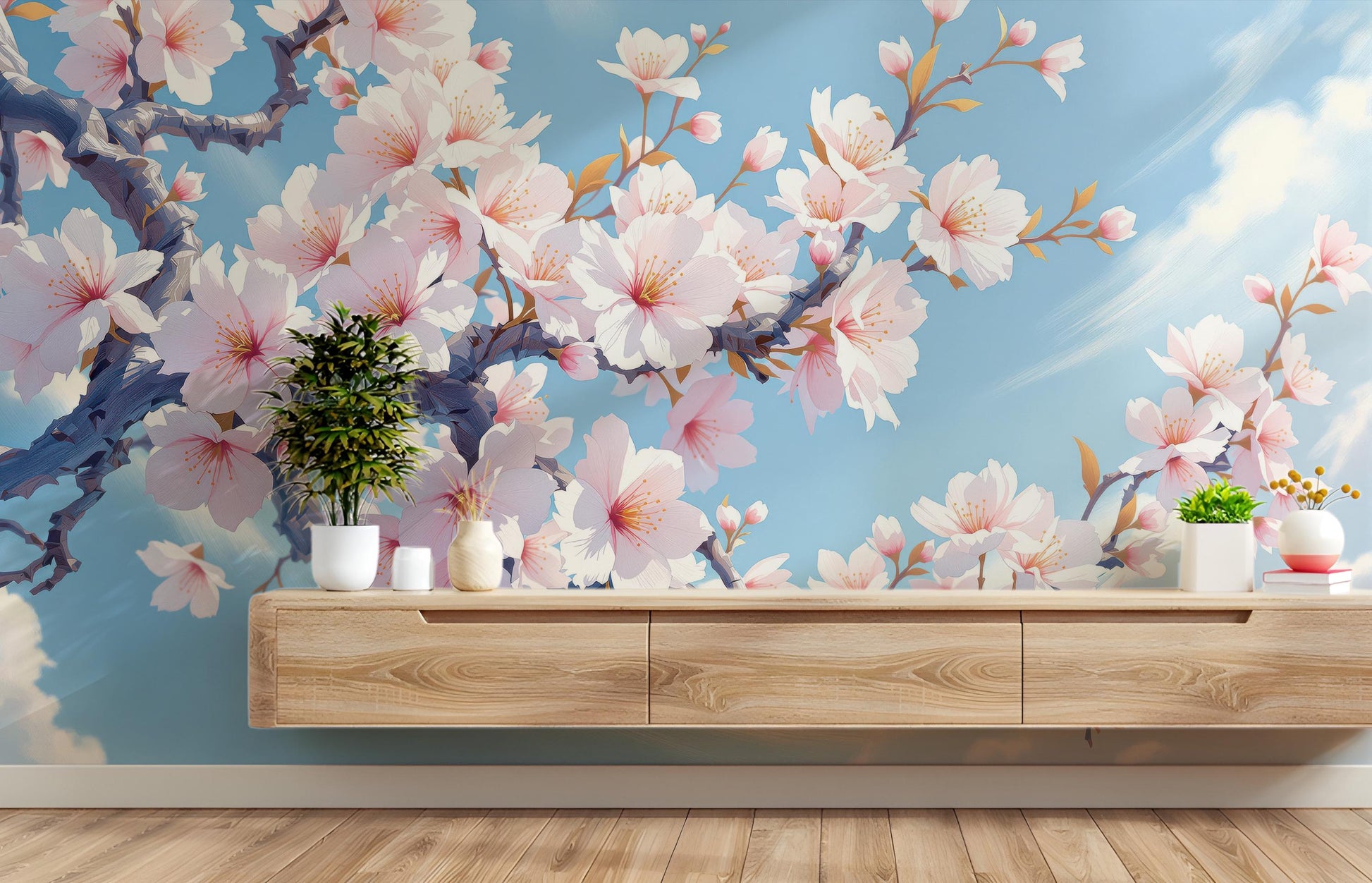 Cherry Blossom Renter Friendly Floral Wallpaper – scale reference, Golden Era Walls