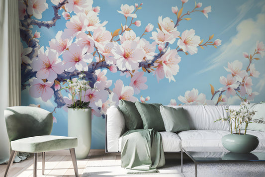Cherry Blossom Renter Friendly Floral Wallpaper – room setting, Golden Era Walls