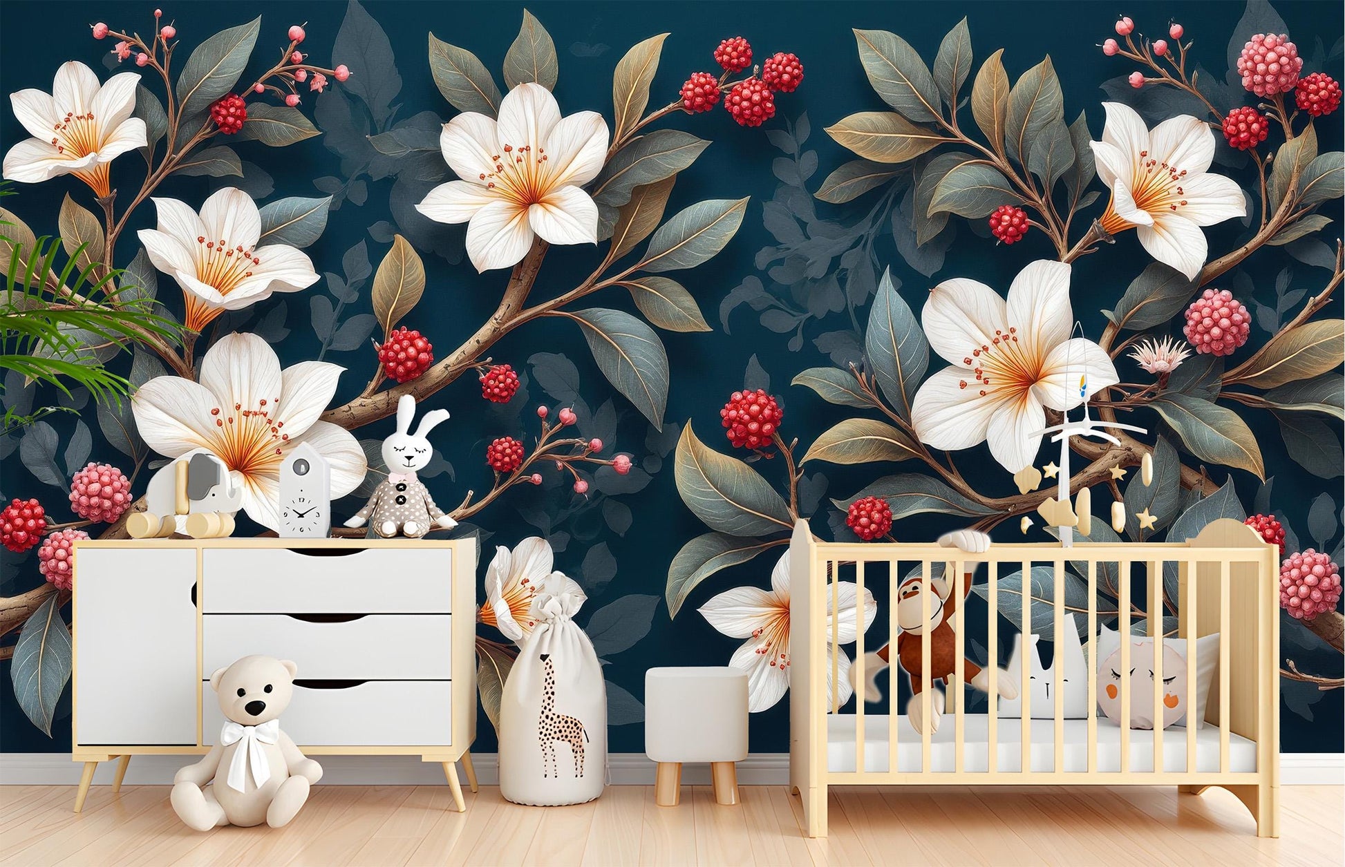 White Floral Berry Branch Floral Wallpaper – scale reference, Golden Era Walls