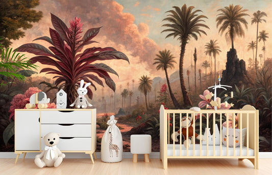 Vintage Tropical Landscape Renter Floral Wallpaper – peel and stick wallpaper mural, Golden Era Walls