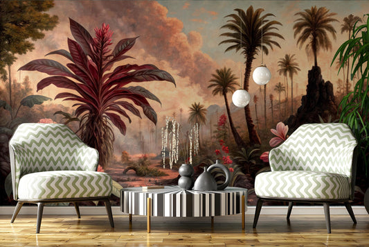 Vintage Tropical Landscape Renter Floral Wallpaper – detail view, Golden Era Walls