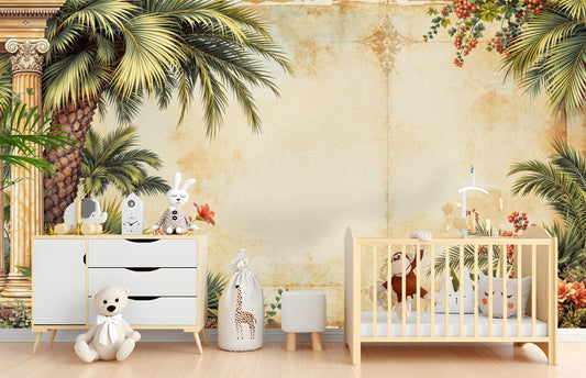 Tropical Vintage Renter Friendly Floral Wallpaper – detail view, Golden Era Walls