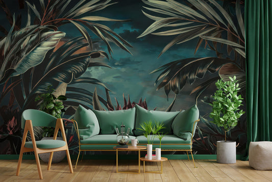 Tropical Jungle Lush Non Floral Wallpaper – peel and stick wallpaper mural, Golden Era Walls