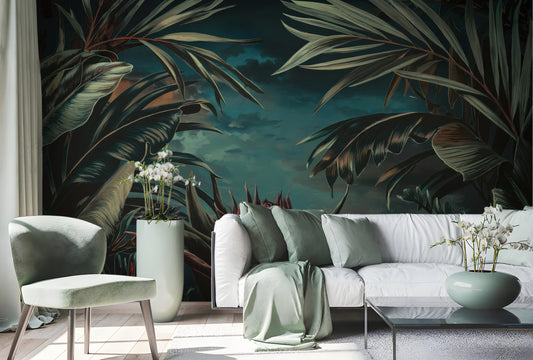 Tropical Jungle Lush Non Floral Wallpaper – room setting, Golden Era Walls