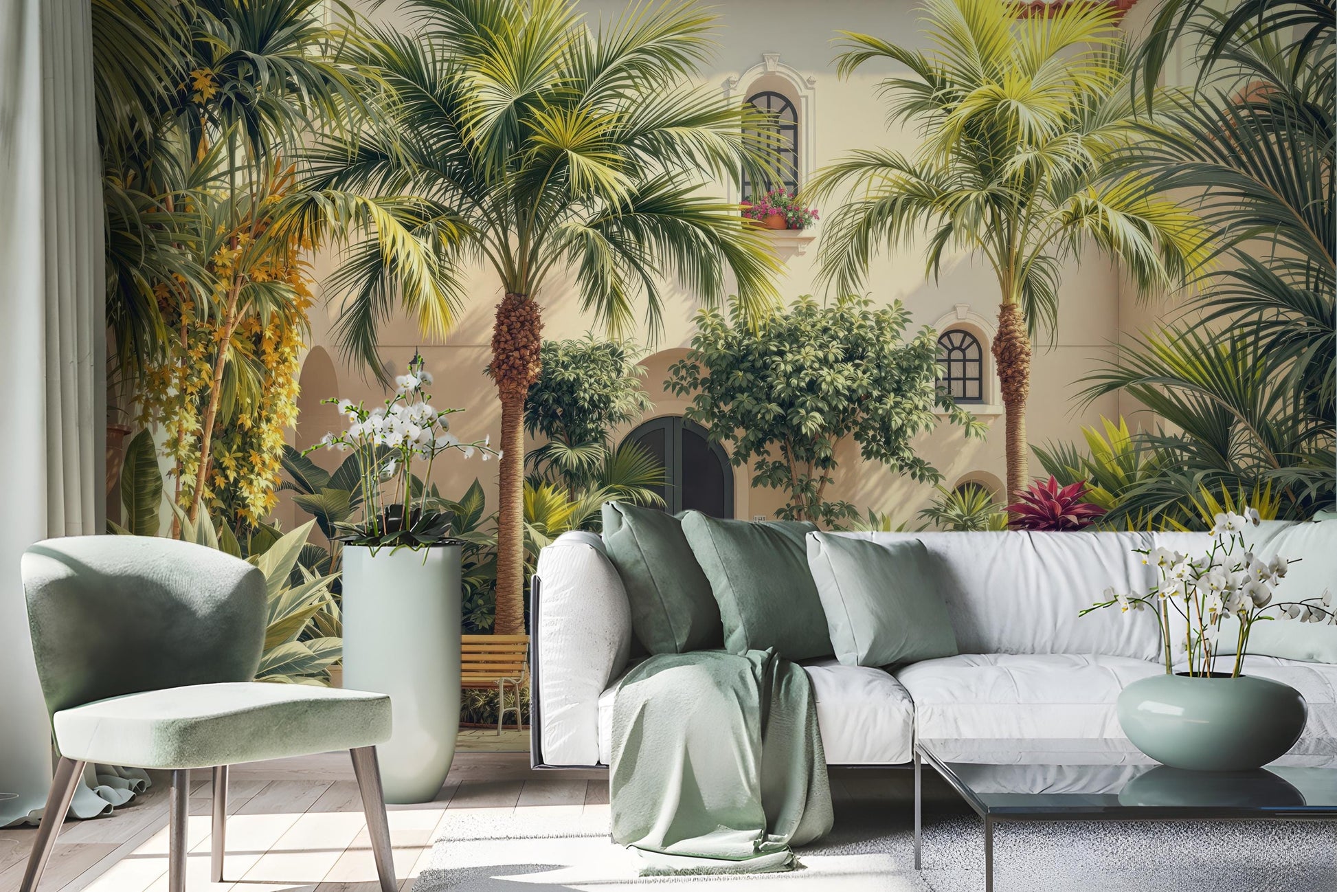 Tropical Courtyard Renter Friendly Tropical Wallpaper – scale reference, Golden Era Walls