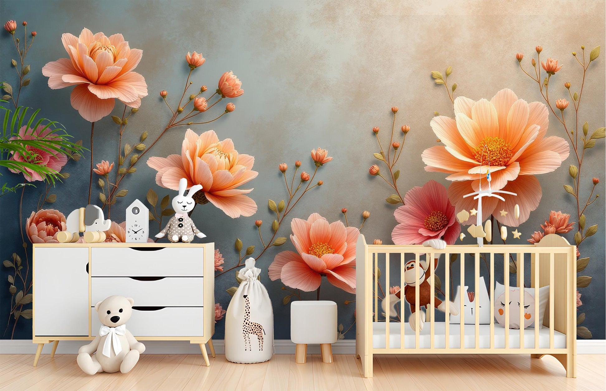 Peach Floral Elegant Temporary Floral Wallpaper – detail view, Golden Era Walls