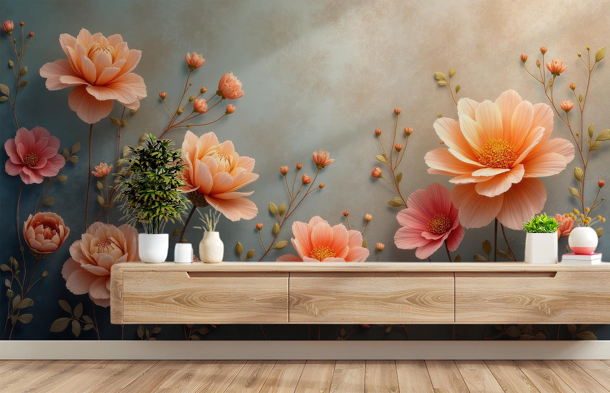 Peach Floral Elegant Temporary Floral Wallpaper – room setting, Golden Era Walls