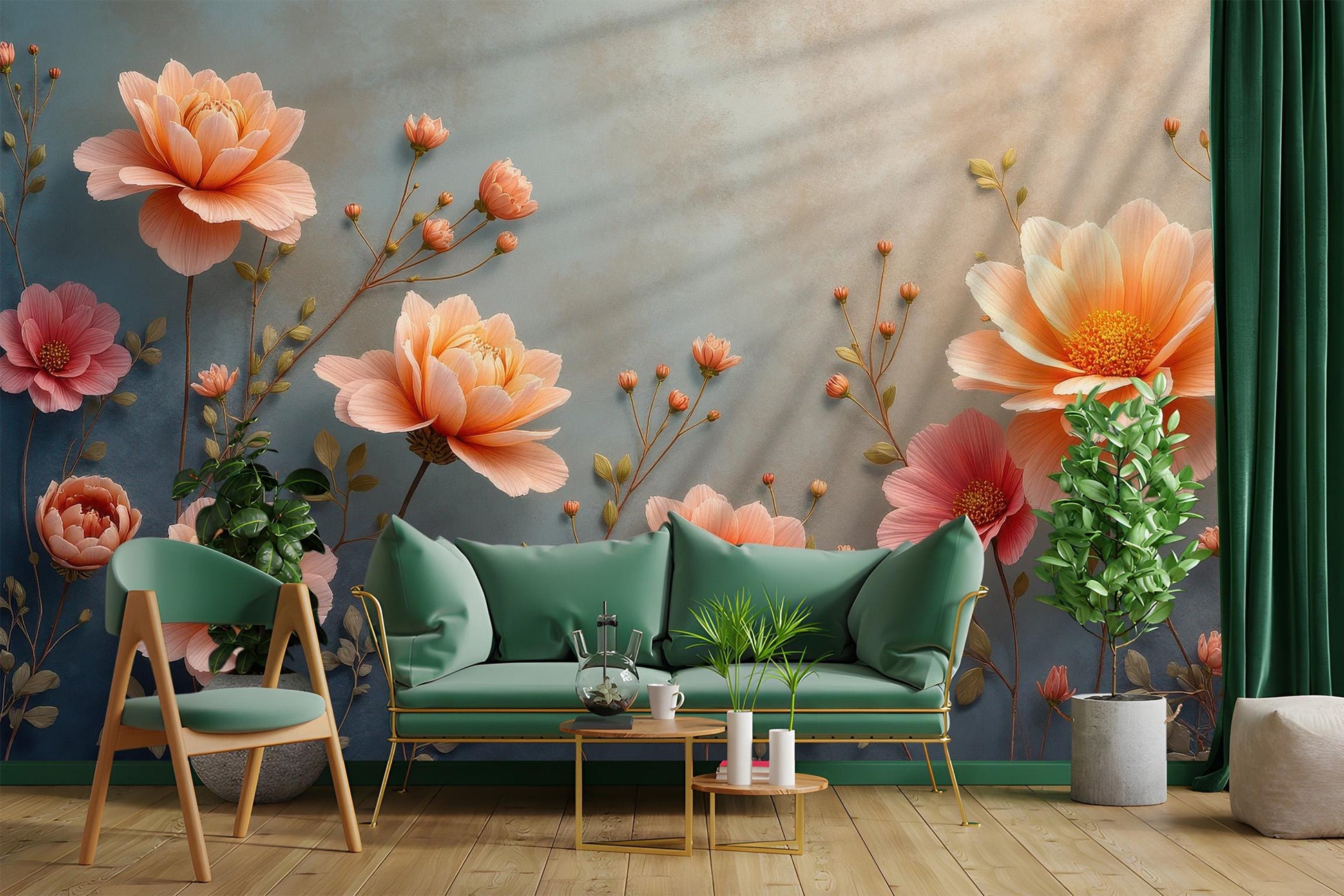 Peach Floral Elegant Temporary Floral Wallpaper – lifestyle view, Golden Era Walls