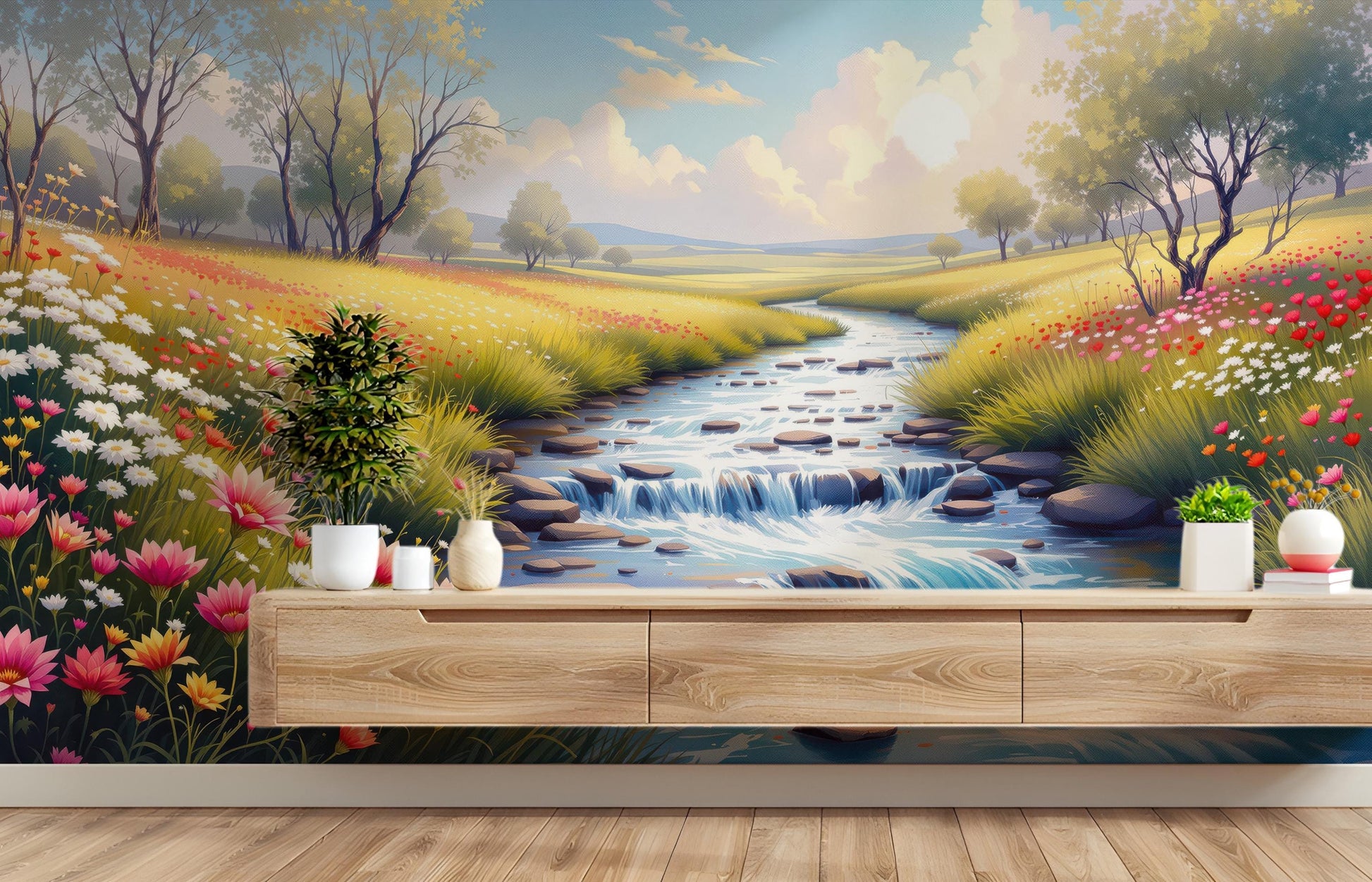 Pastoral Meadow Stream Renter Floral Wallpaper – room setting, Golden Era Walls