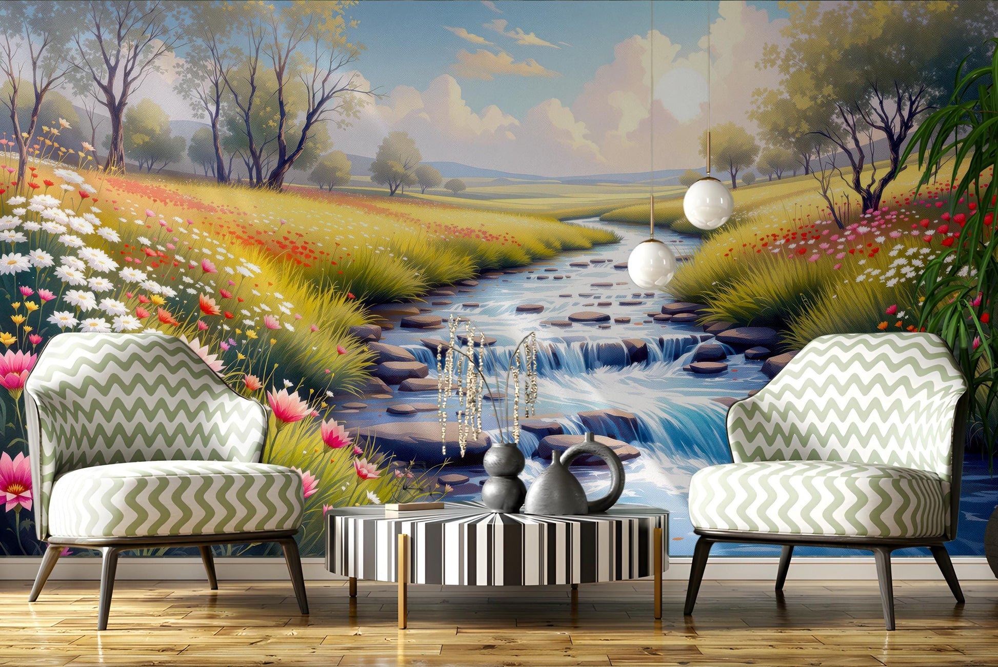 Pastoral Meadow Stream Renter Floral Wallpaper – scale reference, Golden Era Walls