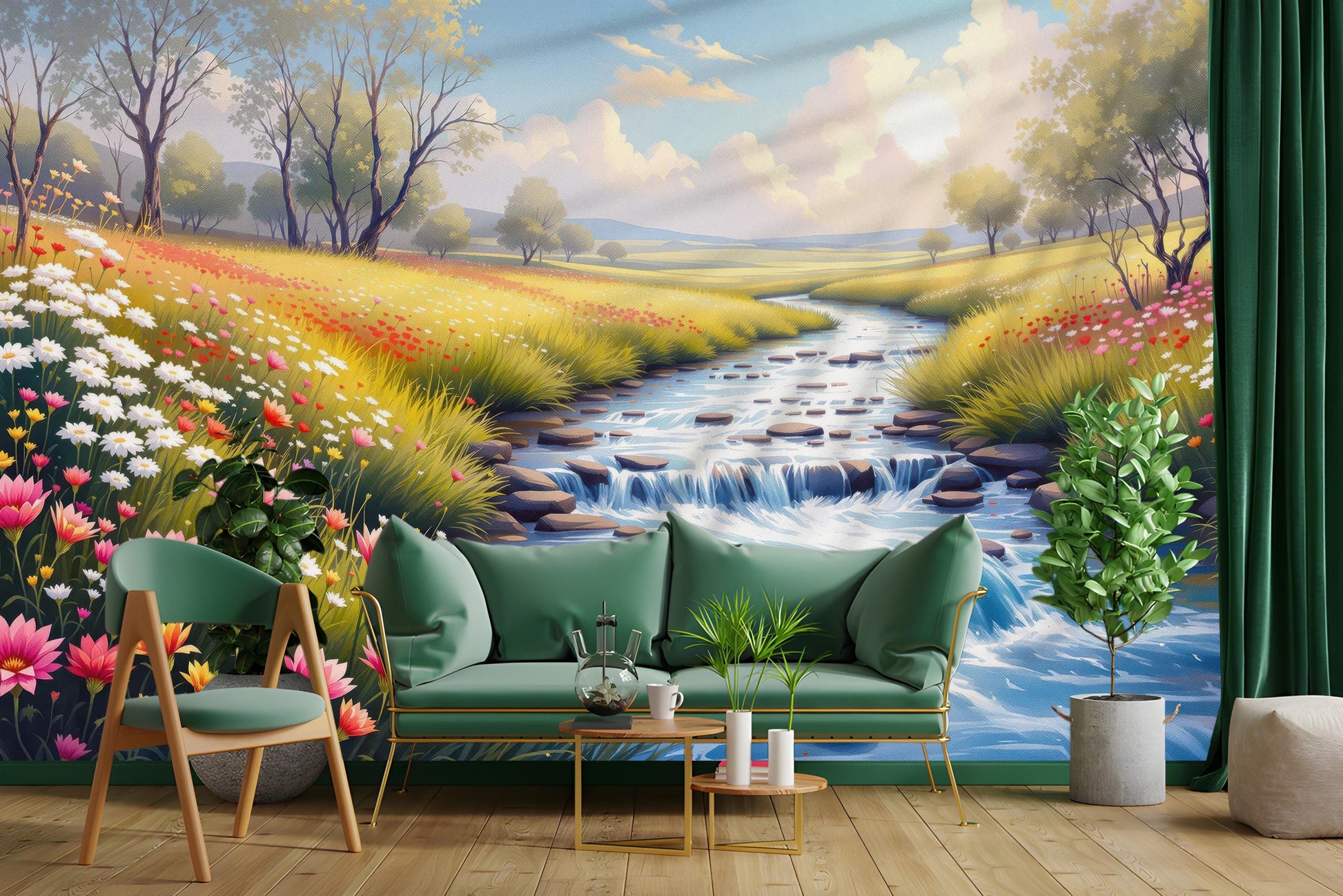 Pastoral Meadow Stream Renter Floral Wallpaper – detail view, Golden Era Walls