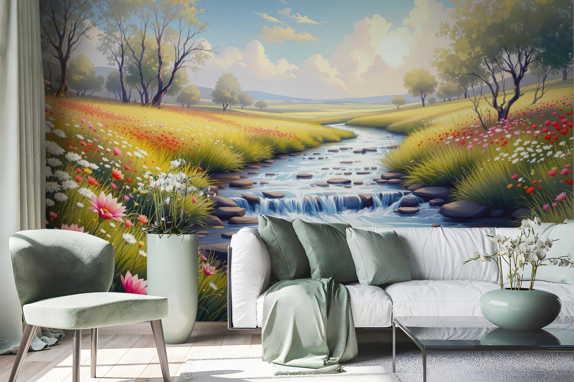 Pastoral Meadow Stream Renter Floral Wallpaper – lifestyle view, Golden Era Walls