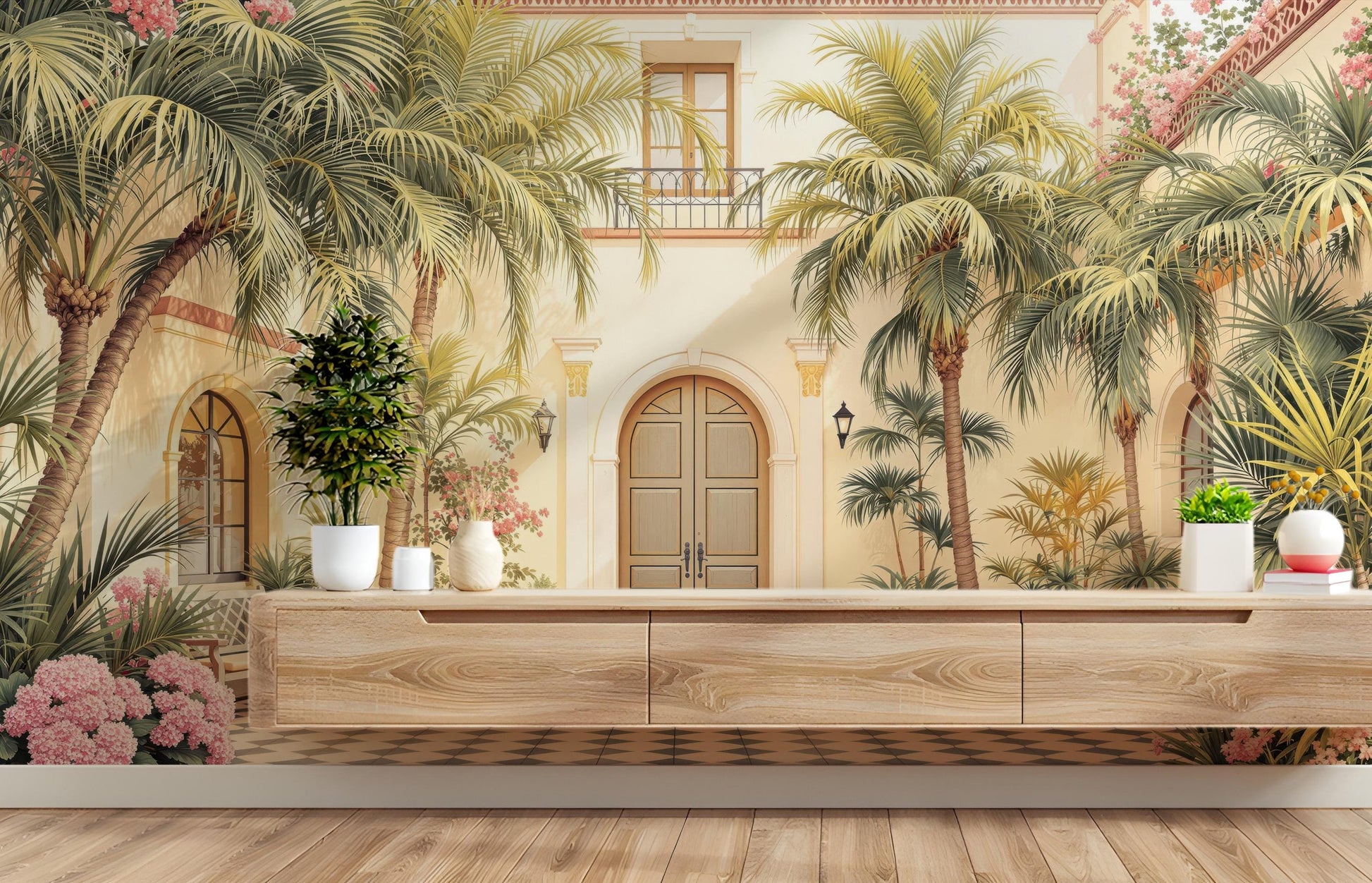 Mediterranean Courtyard Renter Friendly Floral Wallpaper – lifestyle view, Golden Era Walls