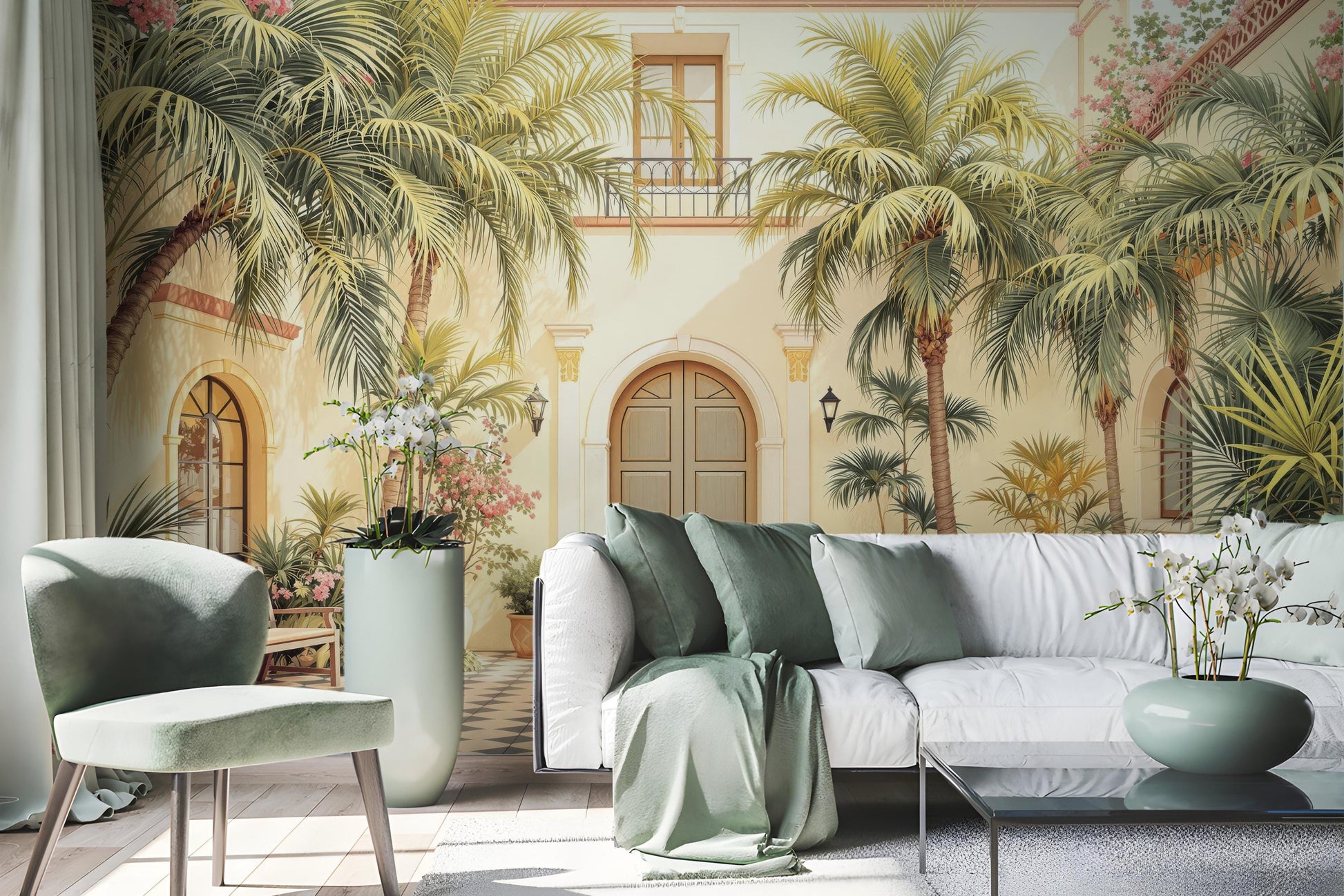 Mediterranean Courtyard Renter Friendly Floral Wallpaper – scale reference, Golden Era Walls