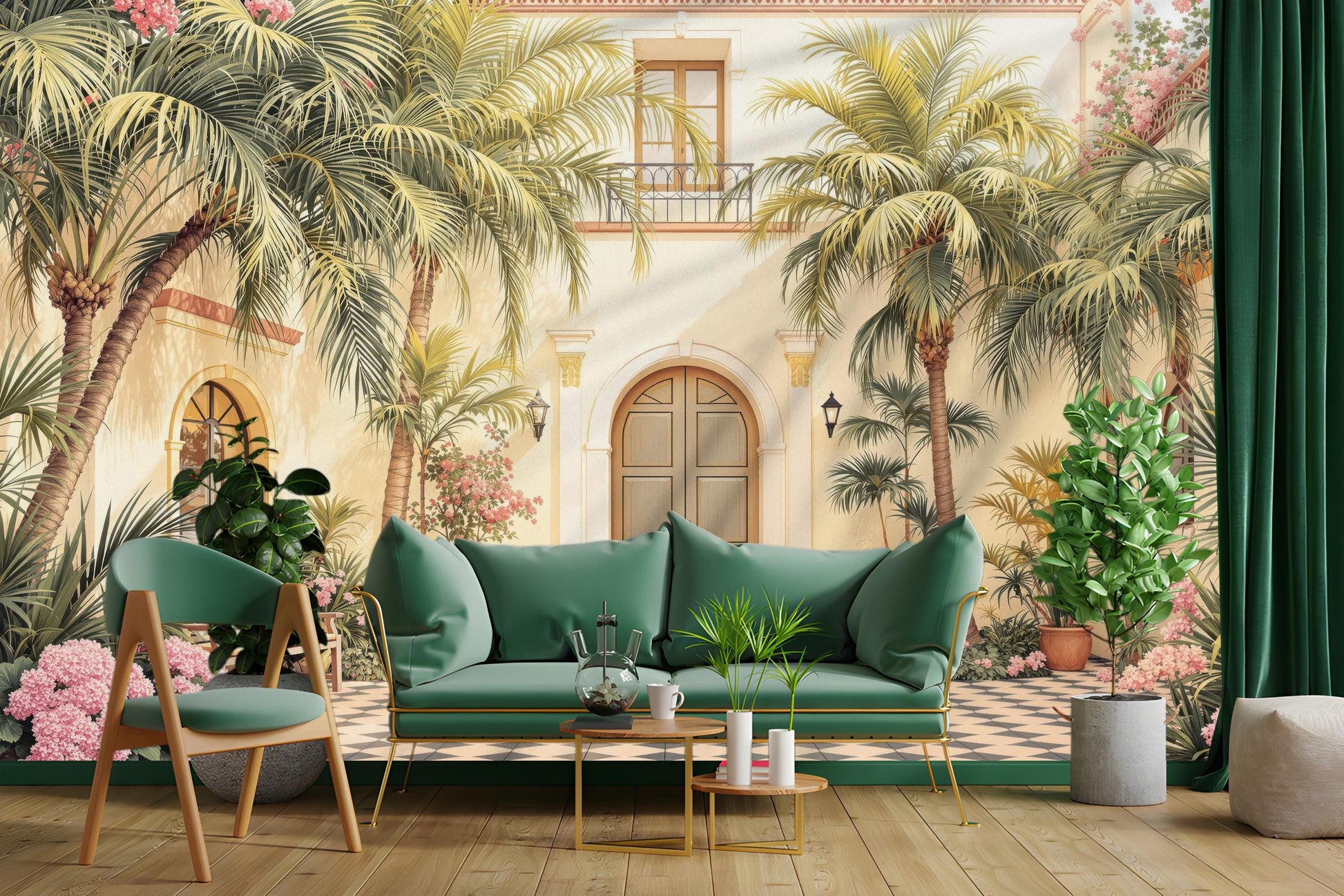 Mediterranean Courtyard Renter Friendly Floral Wallpaper – detail view, Golden Era Walls