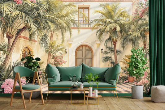 Mediterranean Courtyard Renter Friendly Floral Wallpaper – detail view, Golden Era Walls