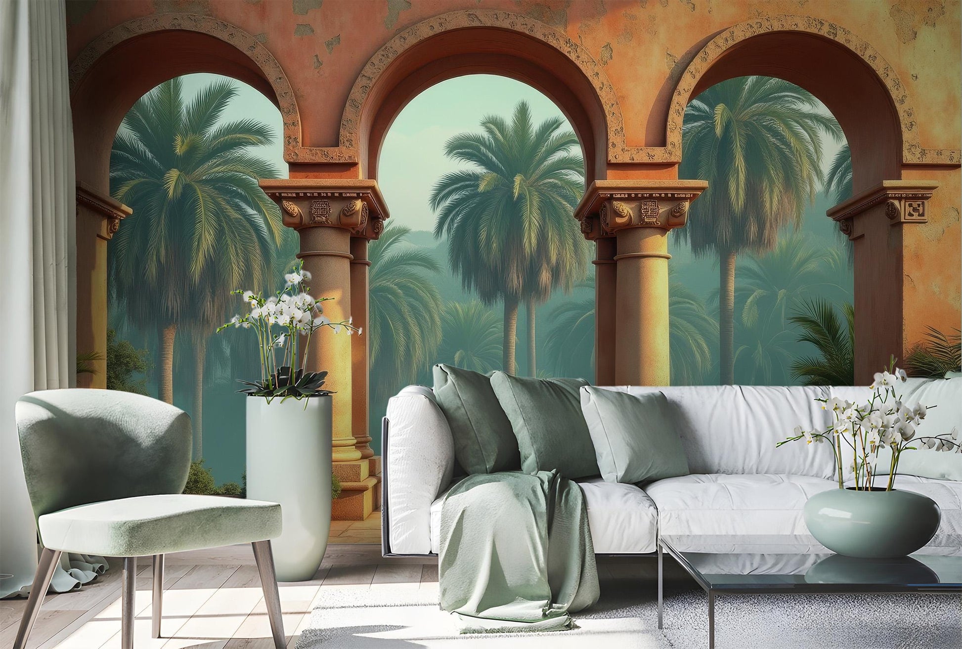 Mediterranean Columns Renter Friendly Coastal Wallpaper – lifestyle view, Golden Era Walls