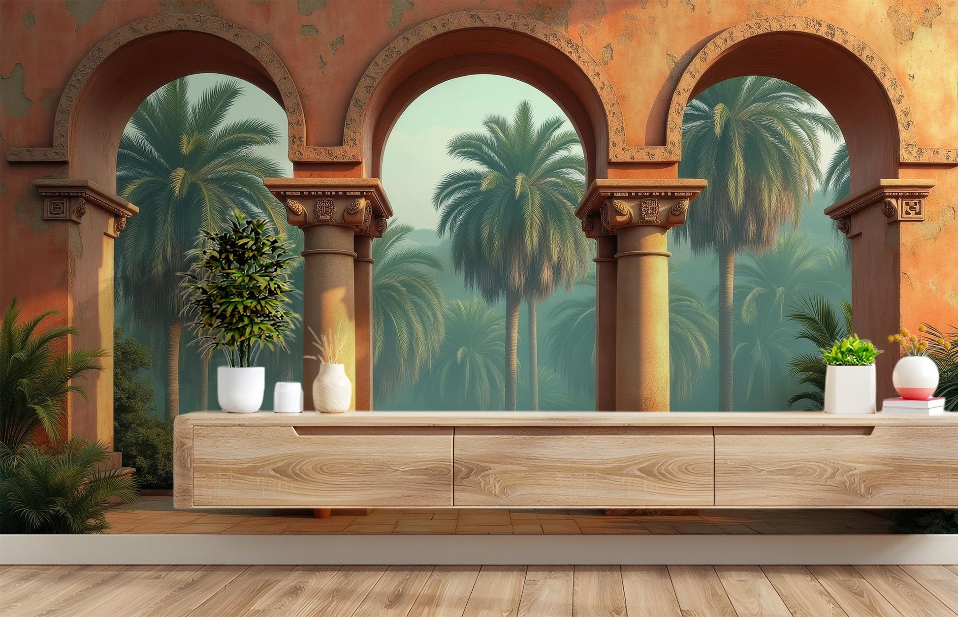 Mediterranean Columns Renter Friendly Coastal Wallpaper – room setting, Golden Era Walls