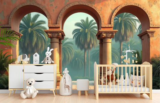 Mediterranean Columns Renter Friendly Coastal Wallpaper – detail view, Golden Era Walls