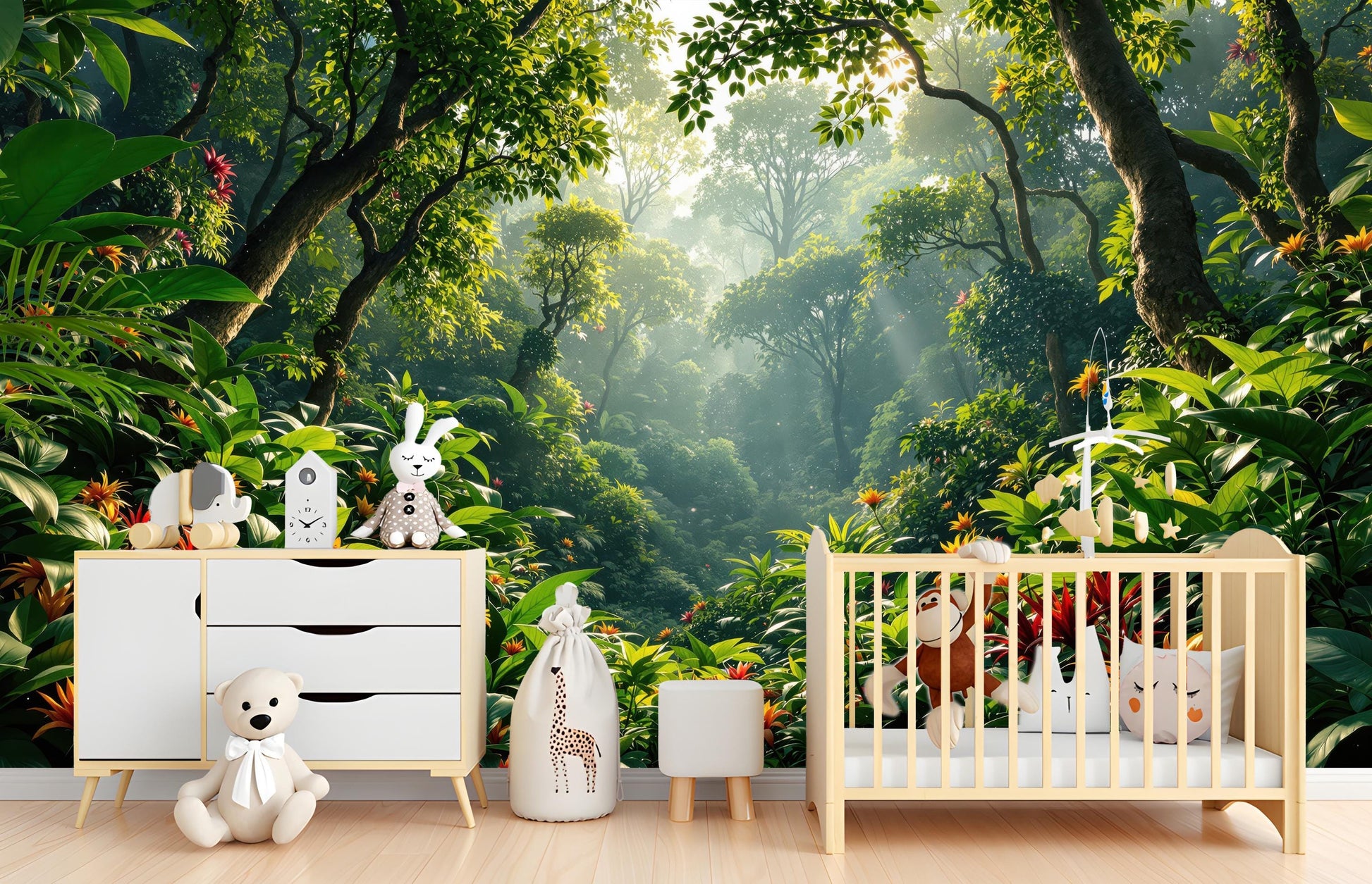 Lush Tropical Forest Renter Floral Wallpaper – scale reference, Golden Era Walls