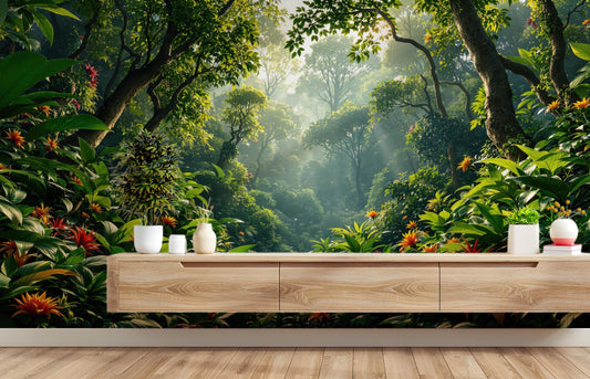 Lush Tropical Forest Renter Floral Wallpaper – detail view, Golden Era Walls
