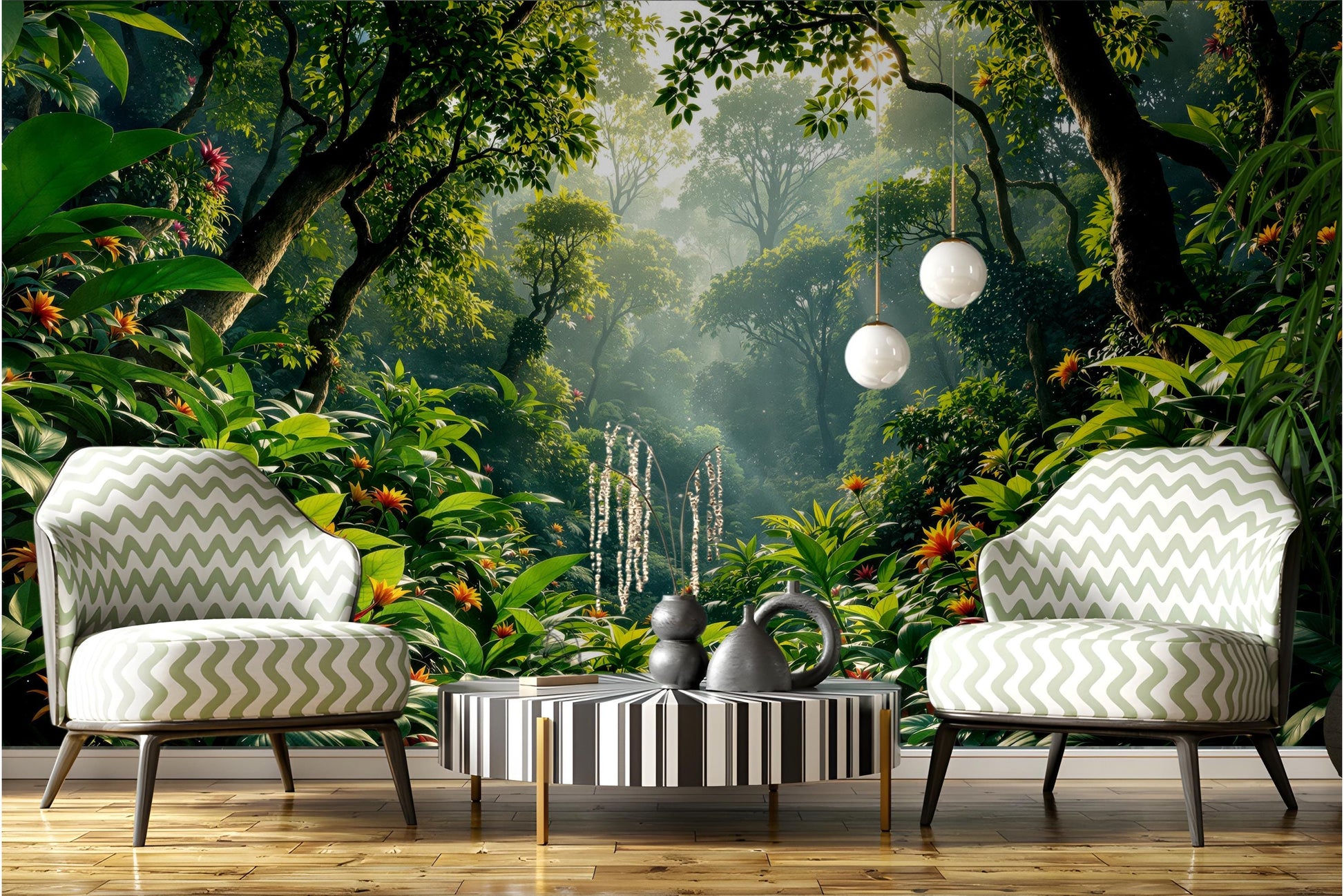 Lush Tropical Forest Renter Floral Wallpaper – room setting, Golden Era Walls