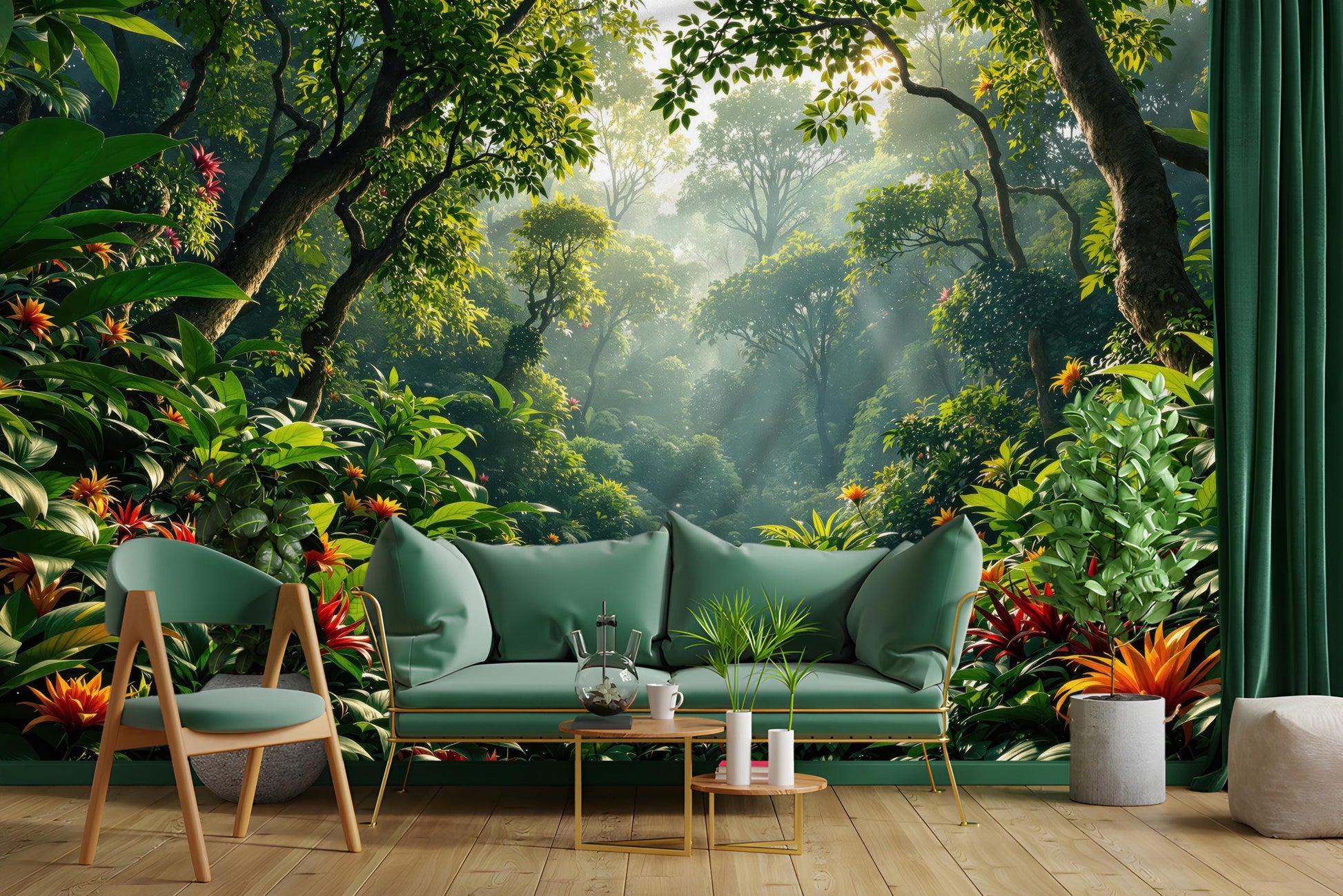 Lush Tropical Forest Renter Floral Wallpaper – peel and stick wallpaper mural, Golden Era Walls