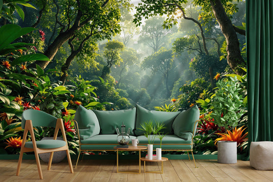 Lush Tropical Forest Renter Floral Wallpaper – peel and stick wallpaper mural, Golden Era Walls