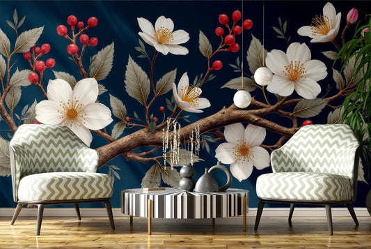 Floral Branch Non Woven Floral Wallpaper – peel and stick wallpaper mural, Golden Era Walls