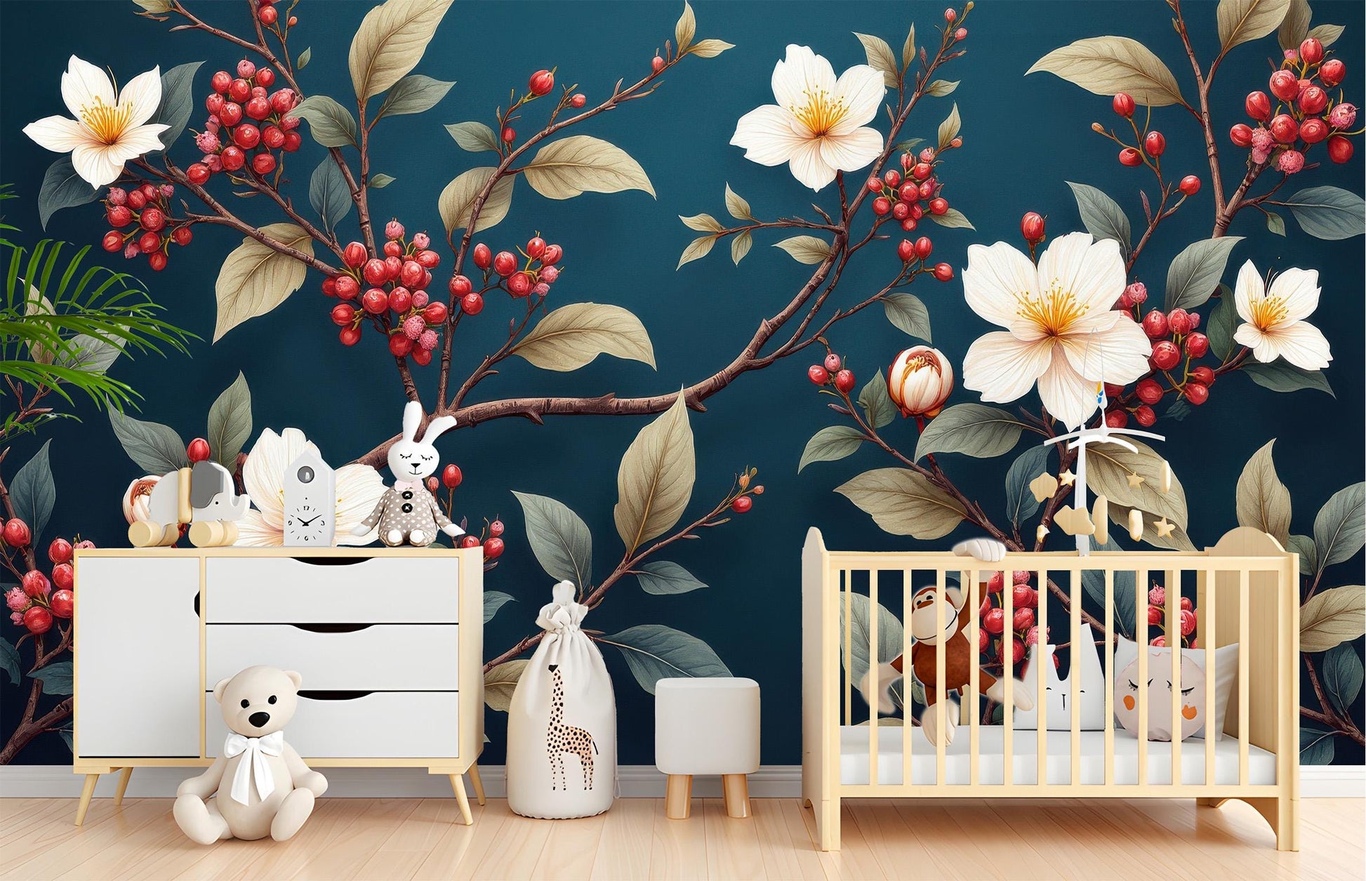 Floral Berry Branch Renter Floral Wallpaper – scale reference, Golden Era Walls