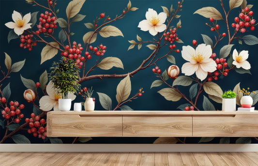 Floral Berry Branch Renter Floral Wallpaper – detail view, Golden Era Walls