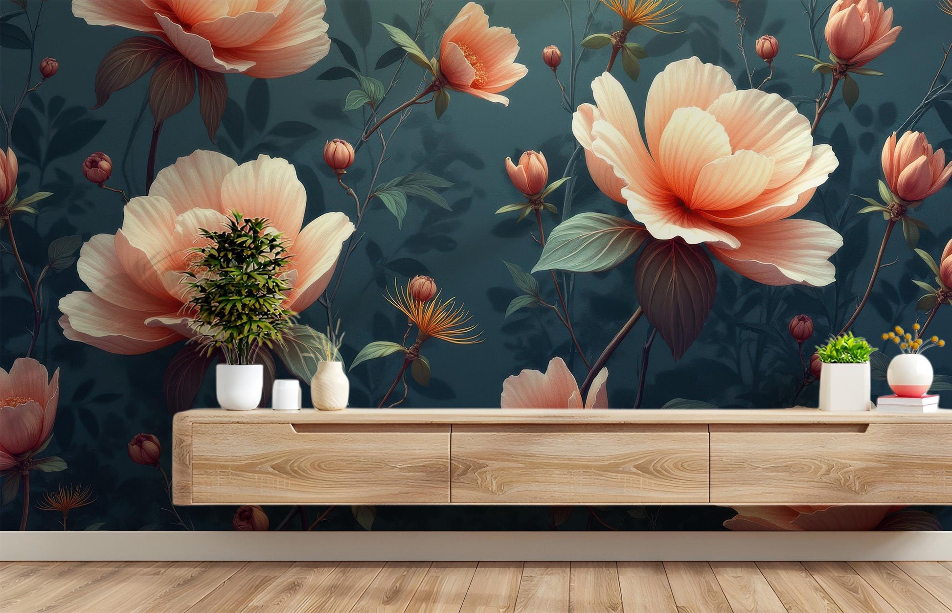 Elegant Peach Floral Botanical Floral Wallpaper – scale reference, Golden Era Walls