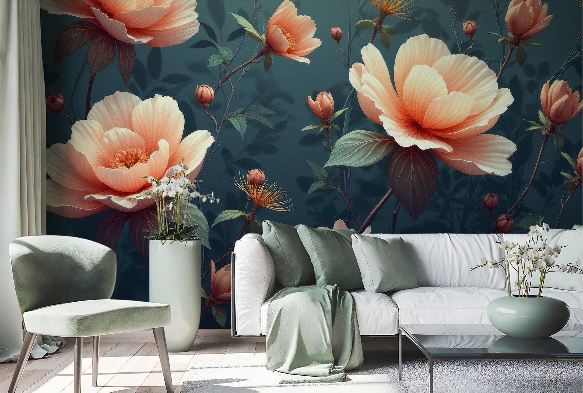 Elegant Peach Floral Botanical Floral Wallpaper – peel and stick wallpaper mural, Golden Era Walls