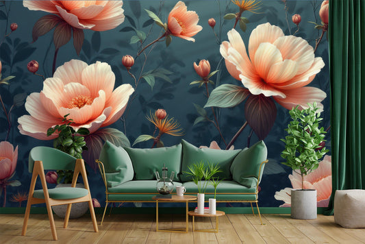 Elegant Peach Floral Botanical Floral Wallpaper – lifestyle view, Golden Era Walls