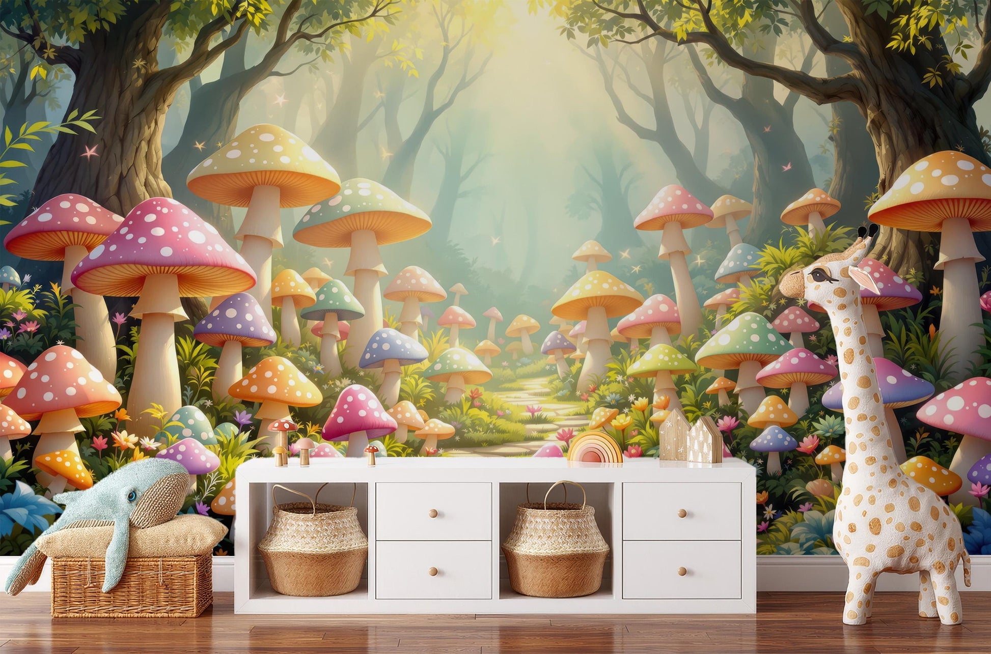 Mushroom Forest Fairy Tale Wallpaper – room setting, Golden Era Walls
