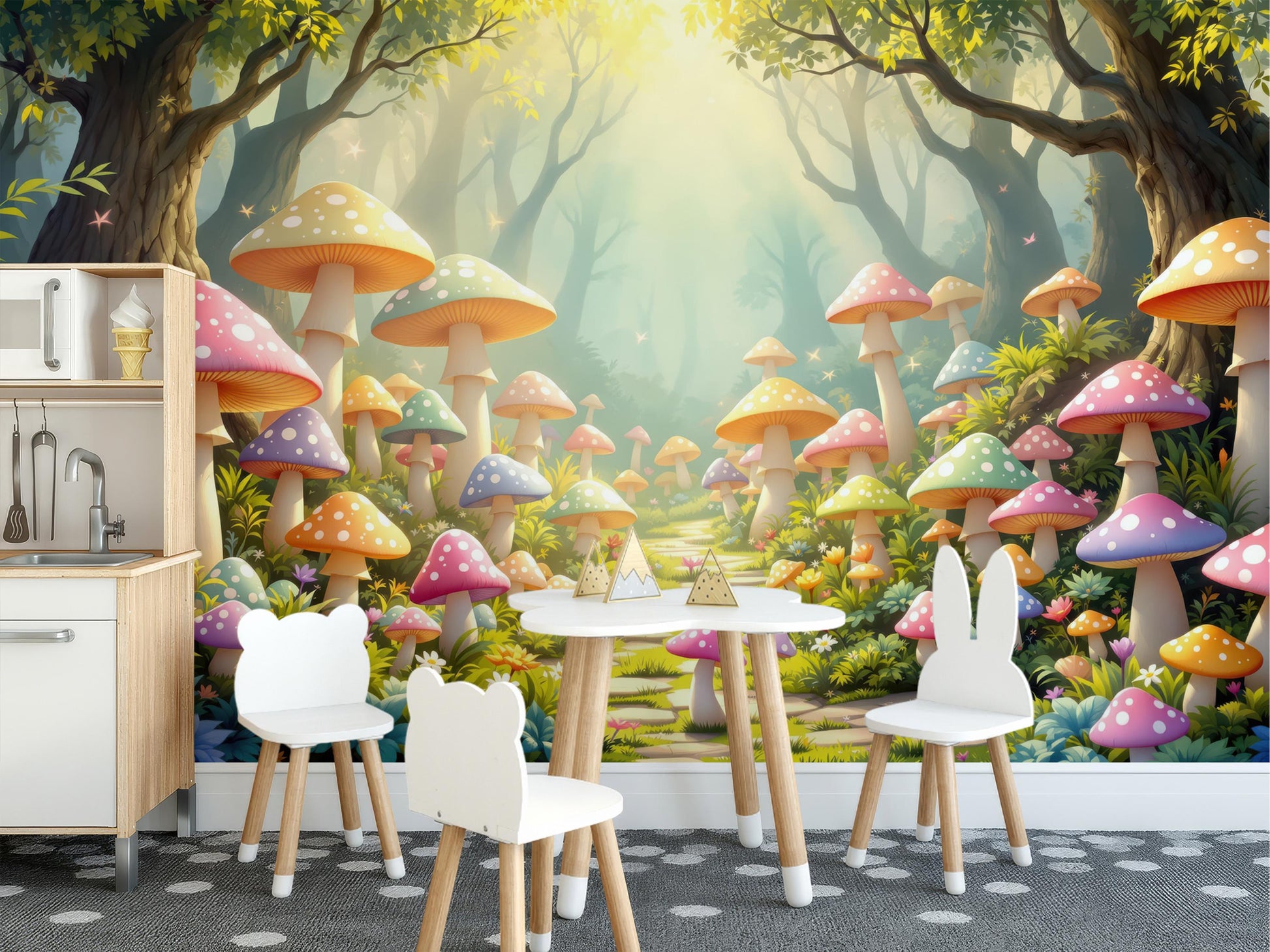Mushroom Forest Fairy Tale Wallpaper – lifestyle view, Golden Era Walls