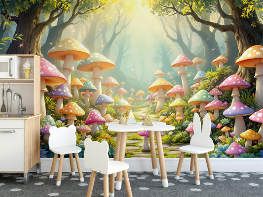 Mushroom Forest Fairy Tale Wallpaper – lifestyle view, Golden Era Walls