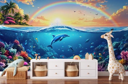 Ocean Paradise Tropical Coral Tropical Wallpaper – room setting, Golden Era Walls