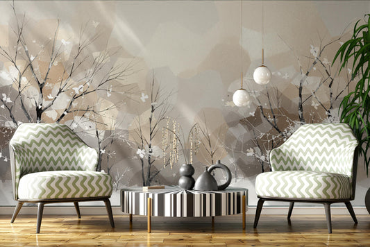 Winter Forest Snowy Tree Coastal Wallpaper – room setting, Golden Era Walls