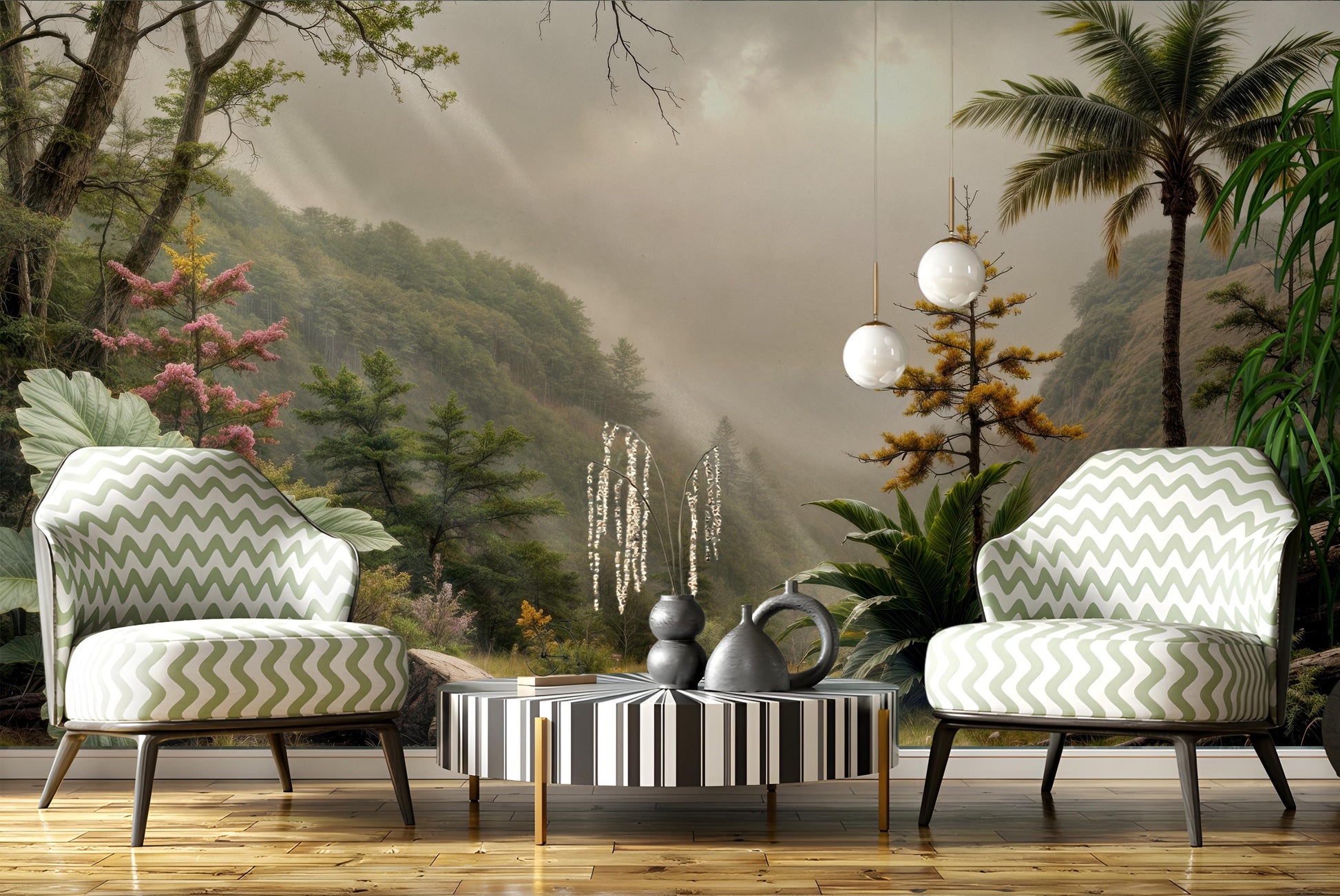 Winter Forest Snowy Tree Floral Wallpaper – room setting, Golden Era Walls